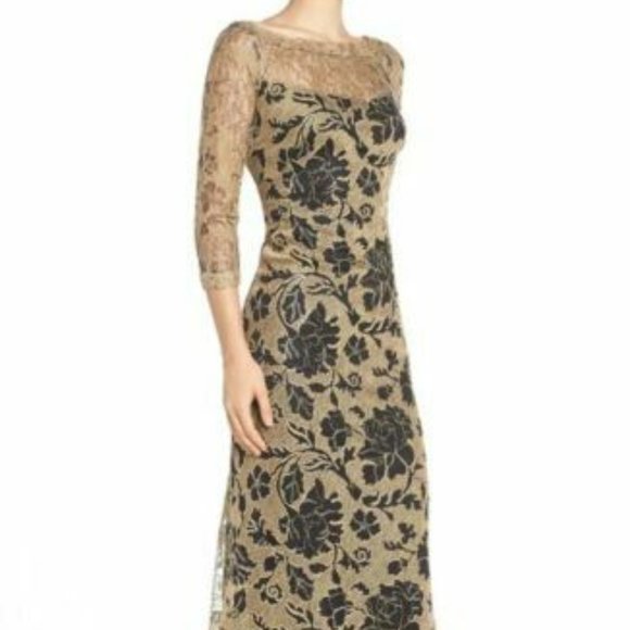 TADASHI SHOJI GOLD BLACK Embroidered Lace Evening Gown Dress! Size 2! - Picture 2 of 5